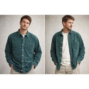 Vintage Coleman Outdoors Men's XL Green Corduroy Button-Up Shirt Long Sleeve
